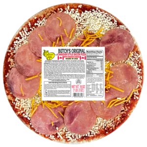 Butch's original Canadian style bacon pizza with cheddar cheese