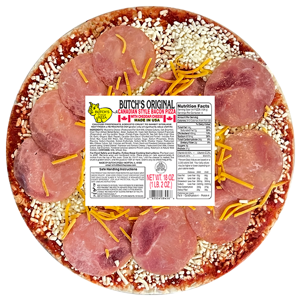 Butch's original Canadian style bacon pizza with cheddar cheese