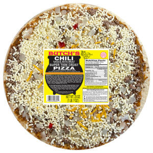 Butch's Chili Sauce with meat super thin crust pizza with sausage, chili sauce, onions, Cheddar Cheese and bell pepper