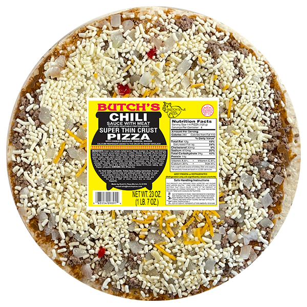 Butch's Chili Sauce with meat super thin crust pizza with sausage, chili sauce, onions, Cheddar Cheese and bell pepper