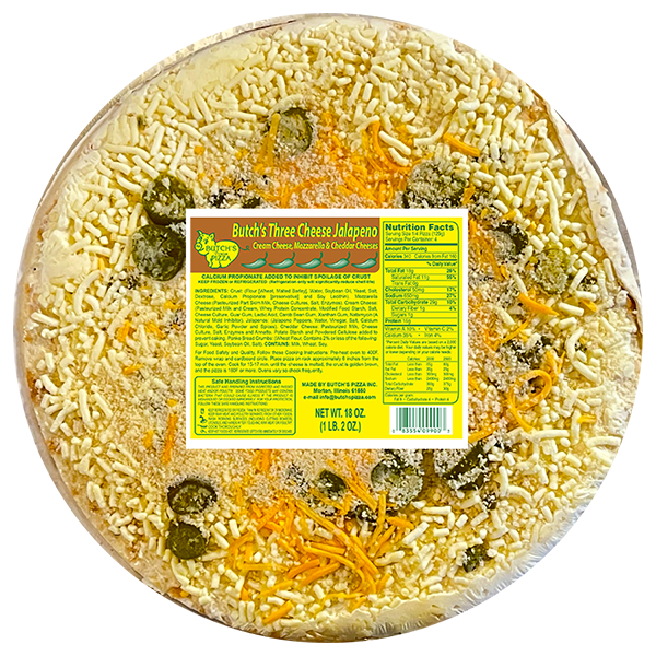 Butch's three cheese jalapeno pizza with cream cheese, mozzarella and cheddar cheeses