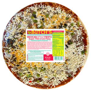 Butch's Mexican style fiesta super thin crust pizza with sausage, cheddar cheese, onions, olives, beans, and bell peppers