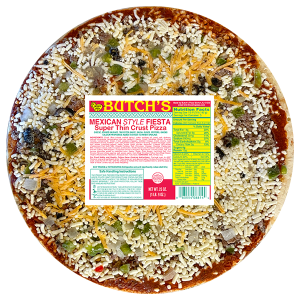 Butch's Mexican style fiesta super thin crust pizza with sausage, cheddar cheese, onions, olives, beans, and bell peppers