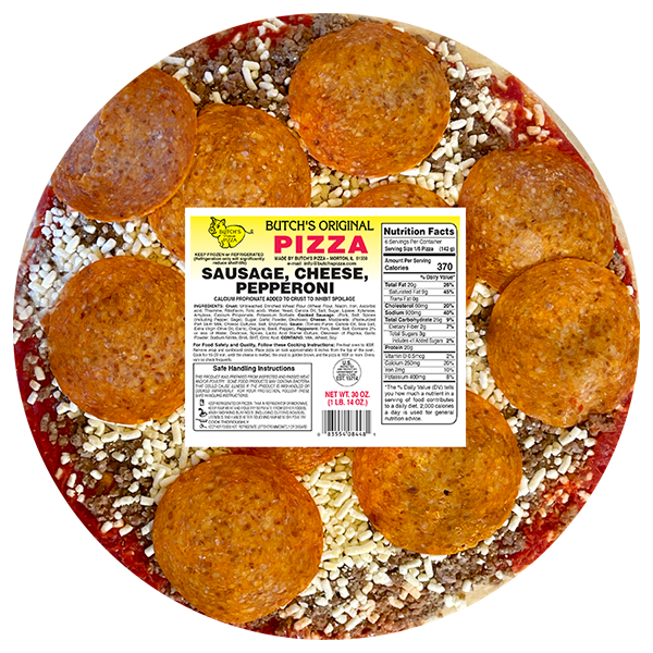 Butch's original sausage, cheese and pepperoni pizza