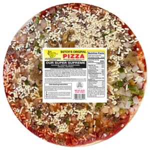 Butch's original super supreme pizza with sausage, cheese, mushrooms, onions and peppers