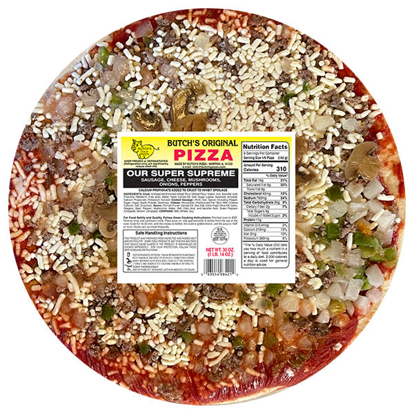Butch's original super supreme pizza with sausage, cheese, mushrooms, onions and peppers