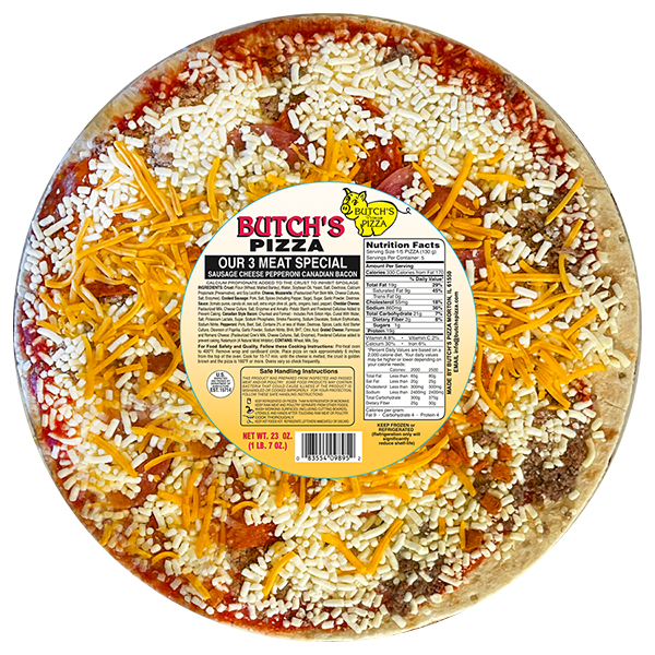 Butch's 3 meat special pizza with sausage pepperoni and Canadian bacon