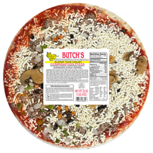 Butch's super thin crust combination pizza with sausage, cheese, pepperoni, olives, mushrooms, onions and peppers