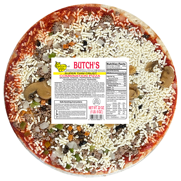 Butch's super thin crust combination pizza with sausage, cheese, pepperoni, olives, mushrooms, onions and peppers