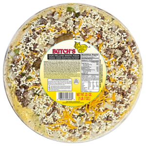 Butch's thin white garlic duluxe pizza with sausage, cheese, mushrooms, pepperoni, peppers, and savory garlic sauce on crust