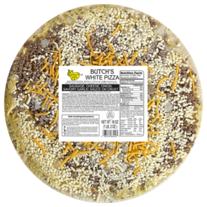 Butch's white pizza with sausage, cheese, onion, and savory garlic sauce on crust