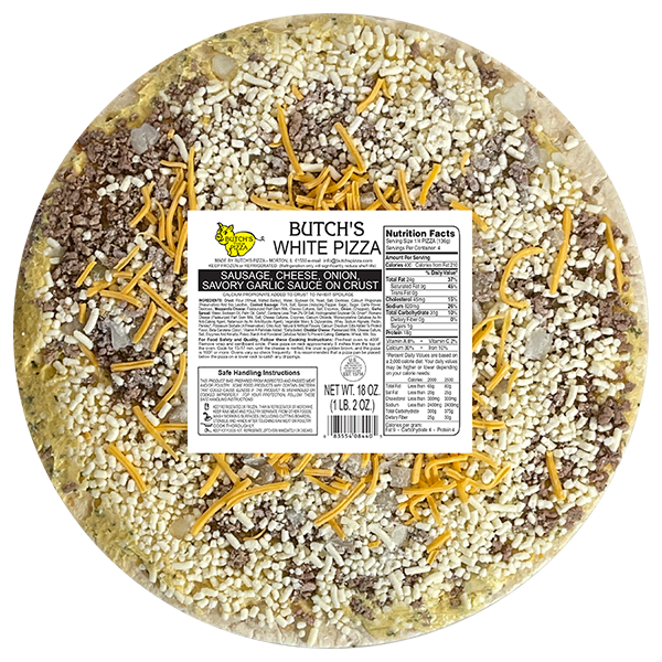 Butch's white pizza with sausage, cheese, onion, and savory garlic sauce on crust